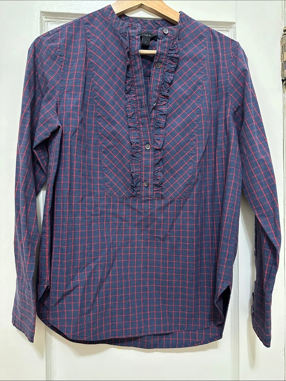 J. Crew Navy and Red Checked Ruffle-Trim Long-Sleeve Shirt